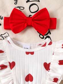 1pc Baby Girls Cute Heart Print Short Sleeve Bodysuit + Headband, Lightweight Summer Outfit - Red and White - View 3