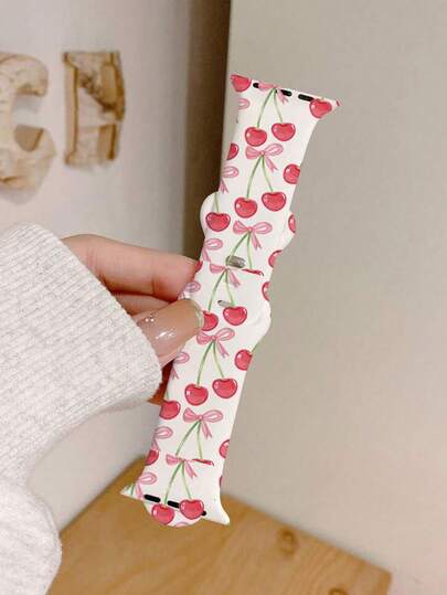 1 pieza Correa de repuesto suave, elástica y transpirable con diseño de hoja y cereza compatible con Apple Watch 38/40/41/45/44/42/49mm, accesorio de banda de silicona casual y de moda para Apple Watch Ultra Series, SE, 10/9/8/7/6/5/4/3/2/1