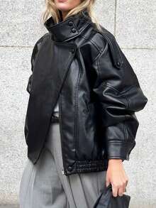 Fashionable Casual Women Long Sleeve High Collar Loose Motorcycle Style Top, 2026 Street Style / Women's Valentine's Day Outfit - Black - View 1