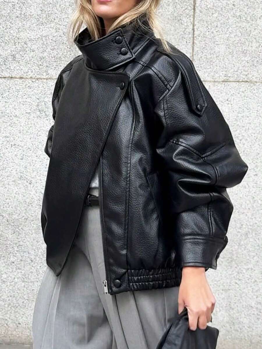 Fashionable Casual Women Long Sleeve High Collar Loose Motorcycle Style Top, 2026 Street Style / Women's Valentine's Day Outfit - Black - View 1