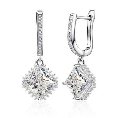 925纯银立方氧化锆方形吊坠耳环，优雅日常佩戴，生日礼物