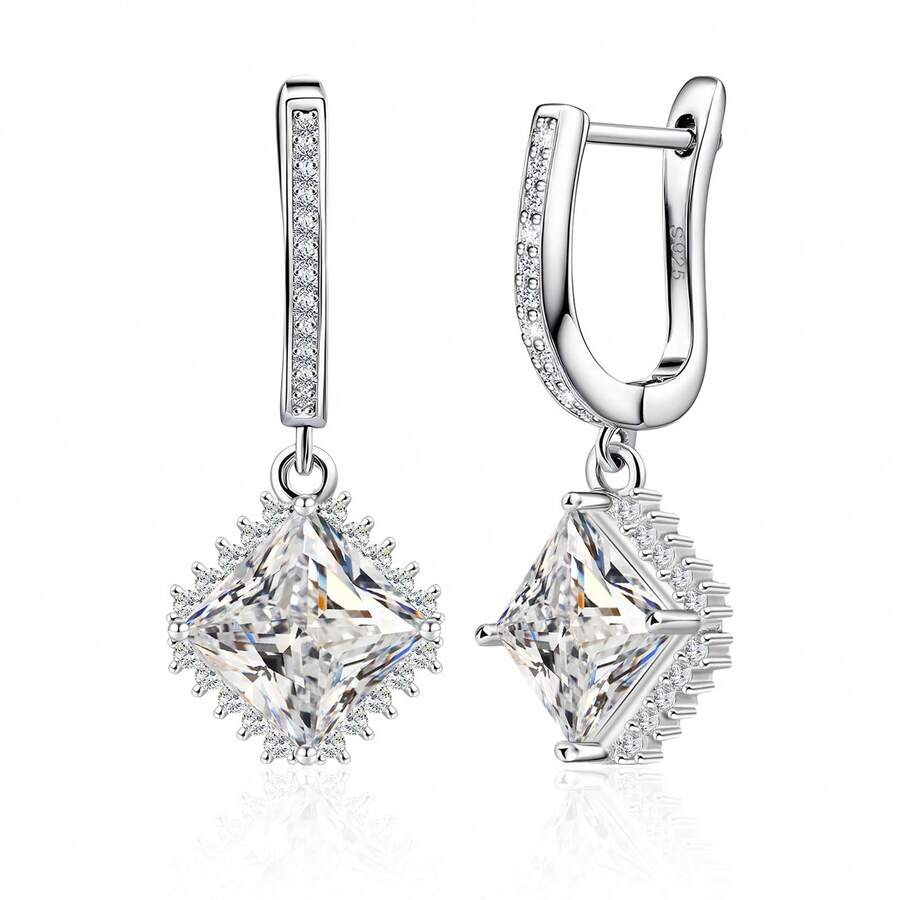 925纯银立方氧化锆方形吊坠耳环，优雅日常佩戴，生日礼物 - 銀色 - 查看 1