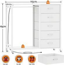 Cómoda con perchero, cómoda con 5 cajones de tela y perchero para ropa, cómoda de madera con superficie superior, estación de carga y luces LED, ruedas con bloqueo, ideal para el armario - Blanco - Ver 2