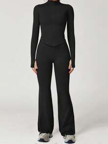 Yefecy Women's Flare Yoga Pants, Seamless Butt Lifting Workout Leggings With Hidden Wrinkles - Black - View 5