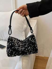 Women Silver Sequin Shoulder Bags Zipper Closure Underarm Handbag Solid Color Tote Handbag For Wedding Prom Parties Travel - A - View 10