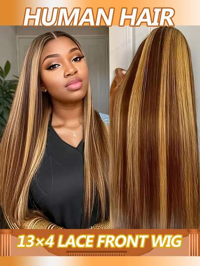 渐变色蕾丝前假发，真人发，13x4直发挑染假发，真人发，4/27色蜂蜜金透明蕾丝前假发，女士款，180%密度