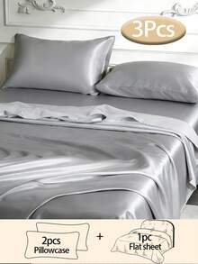 3pcs Silky Satin Bed Sheets, Soft & Breathable, Wrinkle-Resistant, Luxurious Hotel Style, Ideal Gift For Parents & Friends, Available In Multiple Colors & Sizes, Suitable For Twin, Full, Queen, King Beds - Silver - View 1
