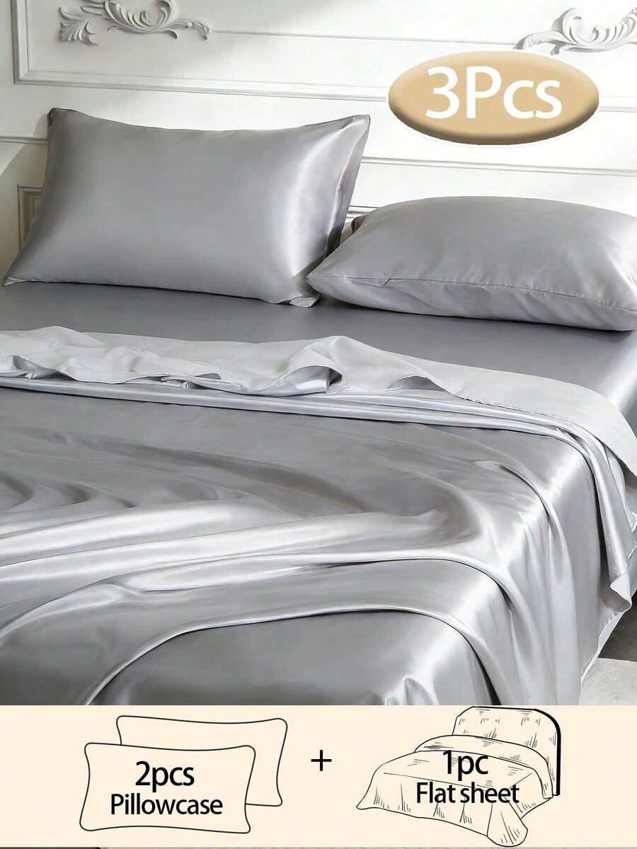 3pcs Silky Satin Bed Sheets, Soft & Breathable, Wrinkle-Resistant, Luxurious Hotel Style, Ideal Gift For Parents & Friends, Available In Multiple Colors & Sizes, Suitable For Twin, Full, Queen, King Beds - Silver - View 1