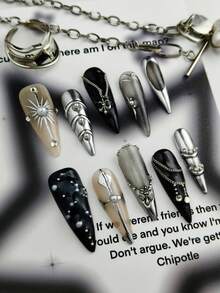 10片哥特朋克金属巴洛克风格亮银色、黑色、白色假指甲，DIY手工法式尖头哑光亮面美甲贴纸美甲用品 - 黑色 - 查看 7