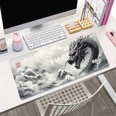 1个黑白龙形鼠标垫，大号日式桌面垫，超大动漫游戏键盘垫，东方装饰，桌面保护垫