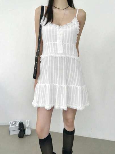 夏季新款黑白双面印花蕾丝拼接吊带裙，时尚设计