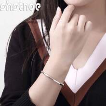 Brazalete abierto de plata de ley 925 chapado en plata de 4 mm de cuentas sólidas y lisas, joyería de moda para hombre y mujer, regalo para boda, compromiso y fiesta - Plateado - Ver 2