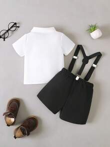 BrownBark 两件套男婴绅士风套装 - 领结装饰休闲短袖衬衫和背带短裤，适合生日派对、正式场合、婚礼、洗礼、一周岁生日庆祝、日常穿着 - 黑色 - 查看 3