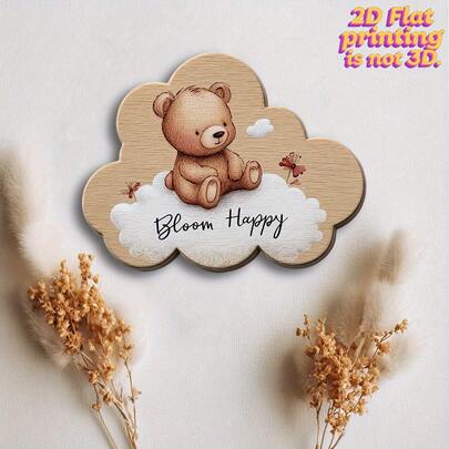 Decoración de pared plana en forma de nube - Colores pastel para habitación de niños, sala de estar, oficina - Letrero colgante plano con texto "Florece con felicidad" - Fácil de colgar sin herramientas - Decoración del hogar de madera artificial ligera, regalo de inauguración de la casa, artesanía exquisita