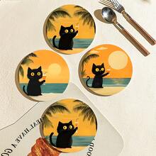 6pcs Cute Black Cat Printed Round Wooden Coasters, Heat-Resistant, Ideal For Beach Lovers And Home Decor, Suitable For Coffee Cups And Beverages, Beach Accessories - Wooden Board-coaster - View 3