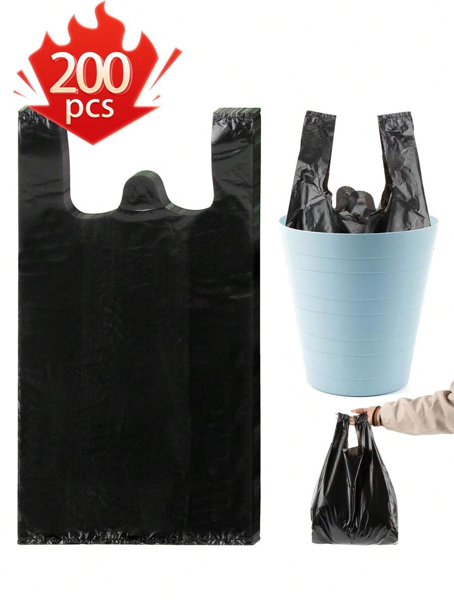 200个/15.75*23.62英寸厨房浴室垃圾袋，6卷/50个背心式垃圾袋，适用于办公室、厨房、卧室垃圾桶，黑色便携耐用垃圾袋