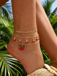 3pcs/Set Fashionable Charming Red Cherry Anklet, Adjustable Chain Bracelet Jewelry, Beach Party Gift For Women - Yellow Gold - View 1