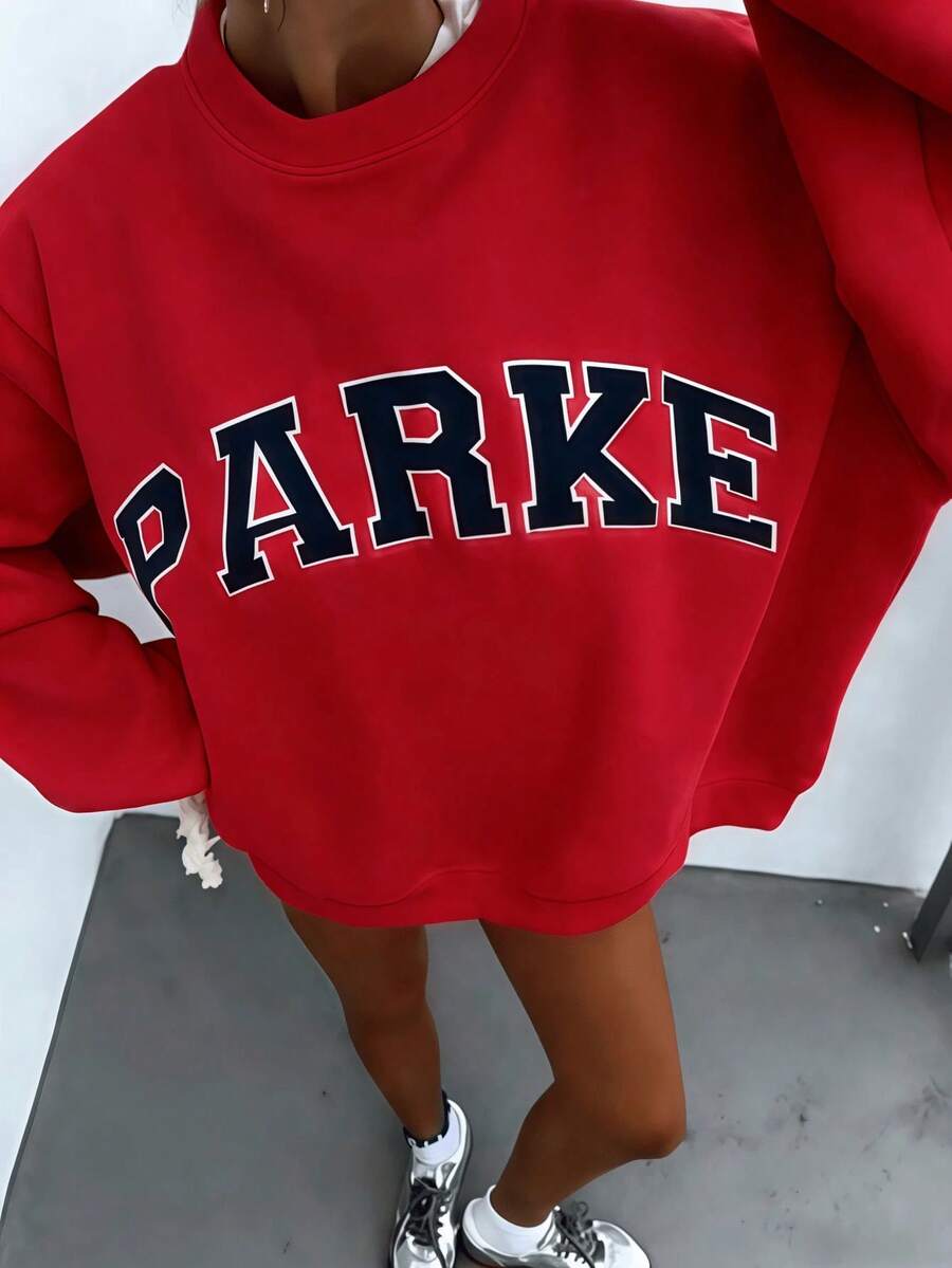 Autumn/Fall And Winter Bestseller 1 Pcs2026 Unisex Casual "PARKE" Letter Print Loose Pullover Sweatshirt, Encountering Lazy Fashion.Casual Daily Wear,Winter Clothes For Women,Clothes,Hoodie,Tops,Spring Break,Long Sleeve Tops Women - 紅色 - 查看 1