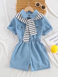 两件套女童夏季套装，时尚休闲日常穿着，蓝色牛仔连体裤和黑白条纹披肩套装 - 藍色 - 查看 1