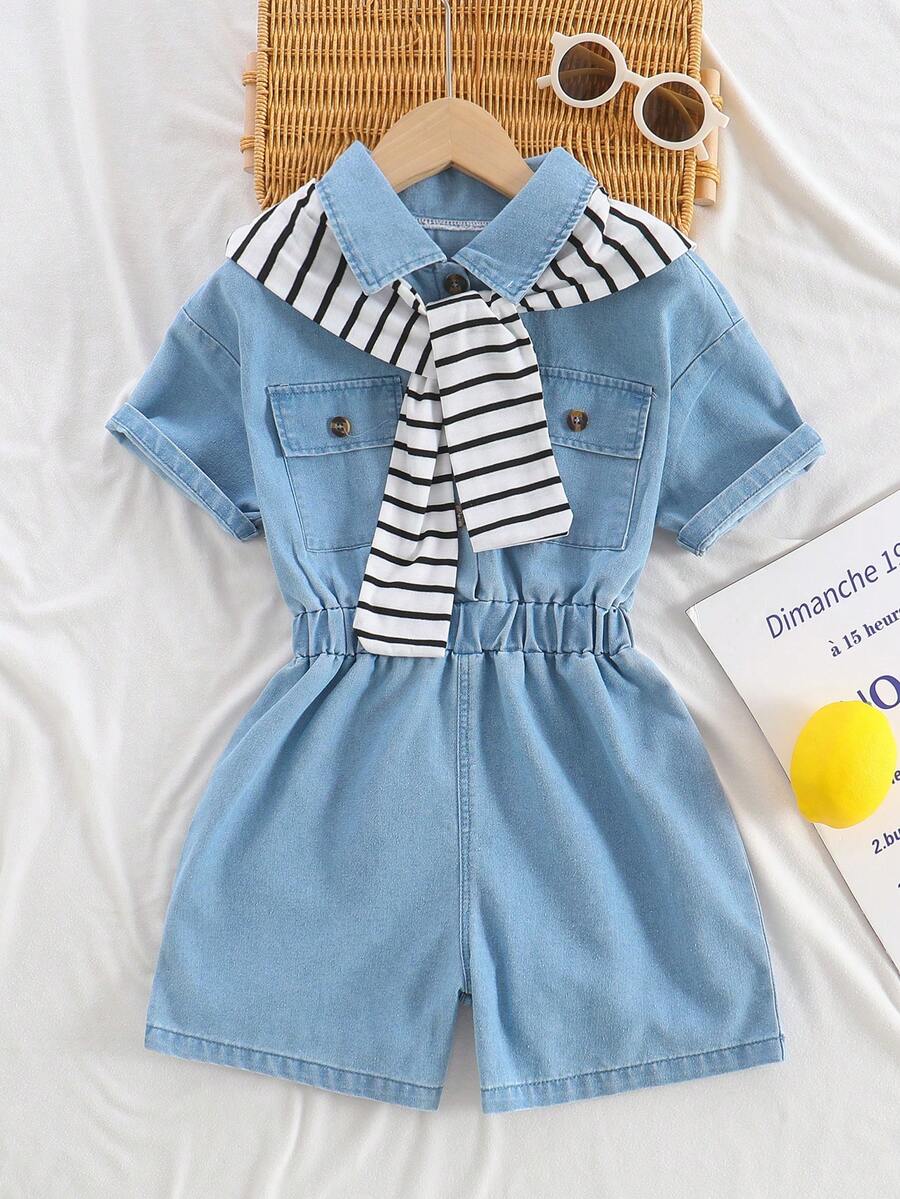 两件套女童夏季套装，时尚休闲日常穿着，蓝色牛仔连体裤和黑白条纹披肩套装 - 藍色 - 查看 1