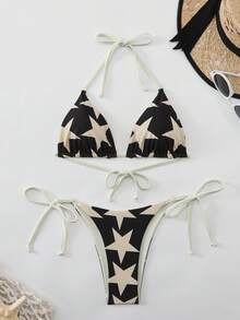 Sexy Black Star Print Bikini 2 Pieces Set, Adjustable Triangle Top + Tie-Up Bottoms, Essential Summer Beach Vacation Swimwear - Black and White - View 4