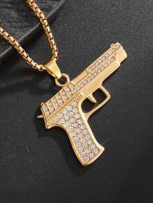 1件新款时尚经典闪亮冷峻仿沙漠之鹰手枪项链摇滚朋克酷炫街头派对吊坠饰品配饰礼品 - 金色 - 查看 9