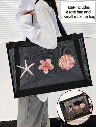 1/2pcs Set Breathable Beach Mesh Tote Bag, Mesh Cosmetic Bag, Beach Vacation Patchwork Design, Ocean Star Pearl & Letter Print, Large Capacity Foldable Women Shoulder Handbag, Suitable For Beach Picnic Vacation, Waterproof Multipurpose, Suitable For Teenagers Students Office Travel Shopping, Mother's Day Gift