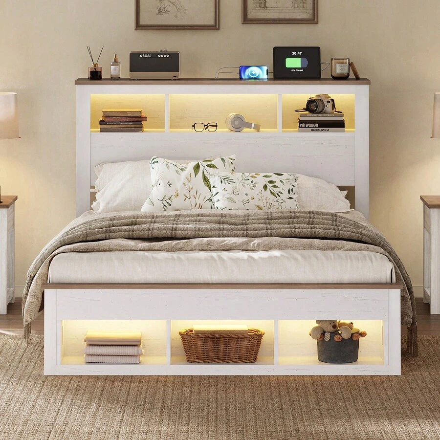 Full Queen King Size Luxury Storage Bed Frame With Built In LED Light, Storage Headboard, Storage Footboard And Charging Station, Black, Grey, White, Brown - Xem 1