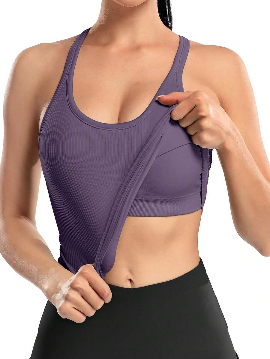 1pc Women's Solid Color Ribbed Padded Sports Bra Camisole Top For Daily Workout - Dusty Purple - View 1