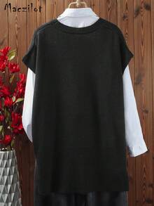 大码女式套头毛衣，休闲舒适V领无袖针织上衣 - 黑色 - 查看 3