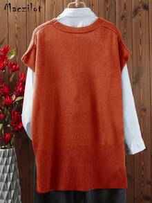 大码女式套头毛衣，休闲舒适V领无袖针织上衣 - 橘紅色 - 查看 3
