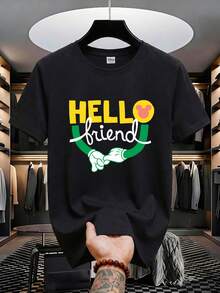 Disney 男士米奇老鼠图案T恤，印有“你好朋友”标语和握手图案，适合度假、休闲穿着和嘉年华活动。 - 黑色 - 查看 2