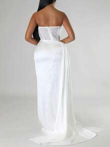 Women's Sexy Strapless Rhinestone Embellished Satin Maxi Dress | Draped Front, High Slit, Ideal For Prom & Wedding Guest - 白色 - 查看 4