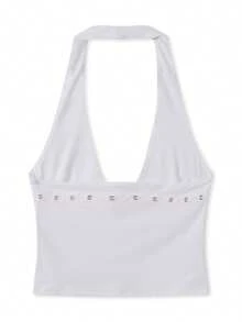 Women's Buckle Halter Top, Y2K Plunge Neck Open Back Crop Tops Front Cut Out Sleeveless Slim Tank Tops Summer Hollowed Vest Shirt For Club Party Streetwear - 白色 - 查看 9
