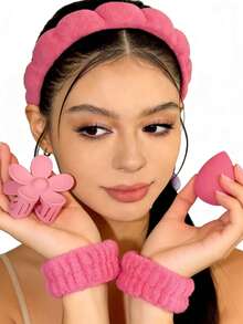 5pcs Women Sponge SPA Headband, Wristband Set With Large Flower Hair Clip, Hair Accessories Suit, Suitable For Party Gifts And Daily Use (For Better Photo Effect. The Actual Item Comes Without Packaging.) - Multicolor - View 15