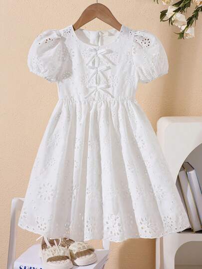 Vestido elegante y dulce de princesa para niñas jóvenes con mangas abullonadas, bordado calado, lazo y dobladillo floral, para primavera/verano