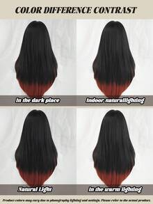 NAMM 24英寸中长直发拼接黑红浅金假发，女士分层合成假发，带刘海，耐热纤维全机拉直假发，适合日常办公佩戴、角色扮演、樱花庆典、魅力派对、街头风、摄影等场合，是送给女孩的礼物，也是假发配件的理想之选。 - 彩色 - 查看 8