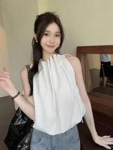 Áo tank top nữ cổ tròn, dáng rộng, thắt dây rút, màu trắng, kiểu dáng thường ngày, thích hợp cho mùa hè. - trắng - Xem 1