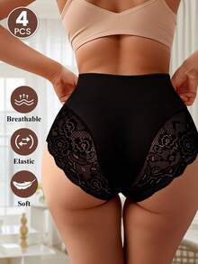 MEIYATING Bộ 4 chiếc quần lót ren nữ, cạp cao, ôm bụng, khoét lỗ, thoáng khí, họa tiết hoa. - Nhiều màu - Xem 4