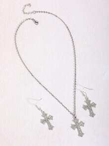 قلادة صليب مرصعة بالراين + أقراط صليب مرصعة بالراين زوج واحد، قلادة صليب زركونيا بطراز جوتيك قديم، تصميم فاخر وبسيط مناسب للارتداء اليومي والعطلات والهدايا - فضي - مشاهدة 2