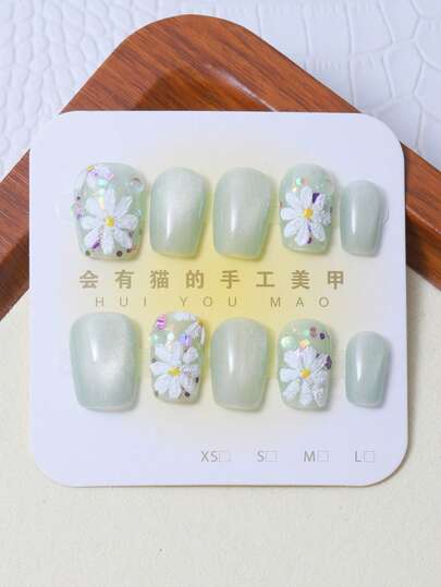 10pcs/Set Pres On Nails, Oil Painting Style With Little Flowers, Fresh Milky Green Color, All Handcrafted. Perfect For Girls And Ladies To Wear.