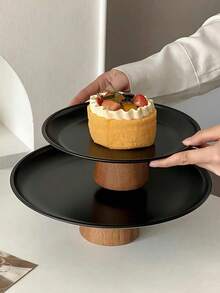 1 pièce Présentoir à gâteau en acier inoxydable avec base en bois, assiette de présentation de desserts, plateau multifonctionnel pour fruits, convient pour la décoration de table à manger, service à la maison et en cuisine, utilisation pendant le Ramadan - Noir - Voir 4