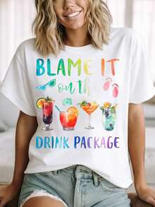 Blame It On The Drink Package Summer Cocktail Party Shirt Fun Vacation Outfit Women's Graphic Tee Beach Wear For Girls - 白色 - 查看 1