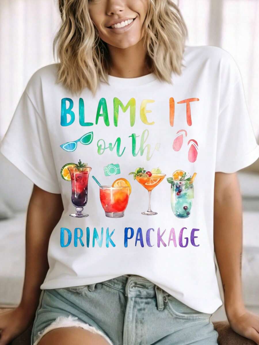 Blame It On The Drink Package Summer Cocktail Party Shirt Fun Vacation Outfit Women's Graphic Tee Beach Wear For Girls - 白色 - 查看 1