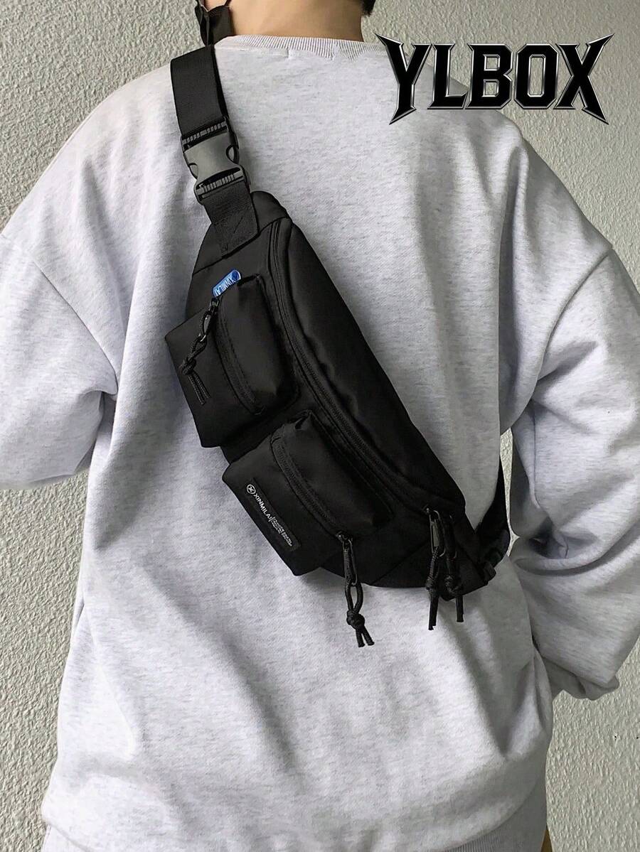 1pc Men's Nylon Waist Bag, Casual Fashion Solid Color Letter Design, Adjustable Strap, Suitable For Sports, Fitness, Commuting, Great As Christmas Gift For Husband, Cycling Bag, Crossbody Bag, Fanny Pack, Holiday Storage Bag, Large Capacity Outdoor Portable Chest Bag - Black - View 1