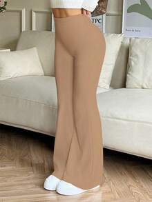 Quần yoga ống loe cạp cao màu trơn dành cho nữ, quần legging bó sát hỗ trợ tập luyện thể thao, chạy bộ, thể dục. - màu đất - Xem 4