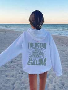 1pc Casual Printed Hooded Sweatshirt, Suitable For Tween Girl And Children, Also For Students In Autumn/Winter. Long Sleeve Thick Fleece Design, Fun Beach Turtle Vacation Style Sweatshirt, Timeless, Suitable For Everyday Wear! - White - View 6