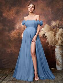 Faeriesty Elegant Maternity Off-Shoulder Maxi Party Gown | Sheer Mesh Fabric, 3D Floral Appliques - Dusty Blue - View 1