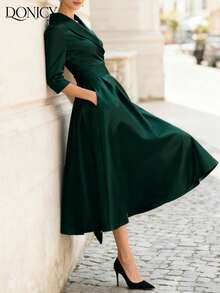DONICY Đầm sơ mi dài tay cổ chéo sang trọng, ôm dáng dành cho nữ mùa thu/đông, chất liệu satin cao cấp, thích hợp cho hẹn hò, tiệc tùng, sự kiện kinh doanh và đi làm. - màu xanh lá - Xem 6