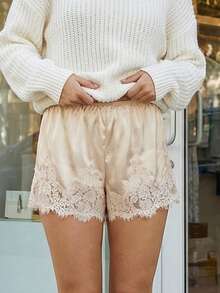 Boho Women's Lace Trim Satin Silk Shorts Shiny Elastic Waist Mini Shorts Pettipants Half Slip Shorts French Knickers Boyshorts For Dresses Full Coverage Underwear Lounge Pants - 奶油色 - 查看 3
